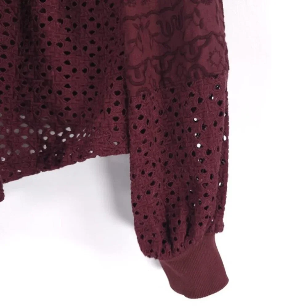 Anthropologie Plum Eyelet Yoke VNeck Pullover Sweatshirt Ballon Sleeve Top SMALL